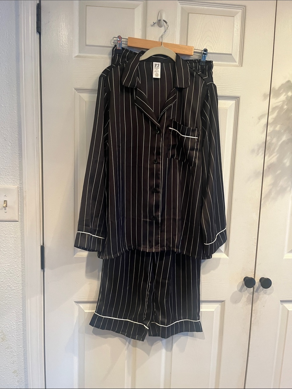 PJ Place Black Pinstripe Pajama Set with White Piping